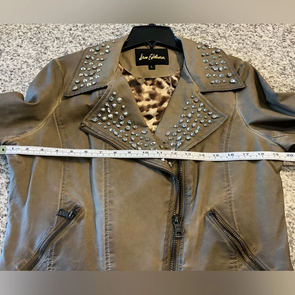 Sam Edelman Studded Distressed Tan/Brown Moto Jacket With Leopard Print Lining